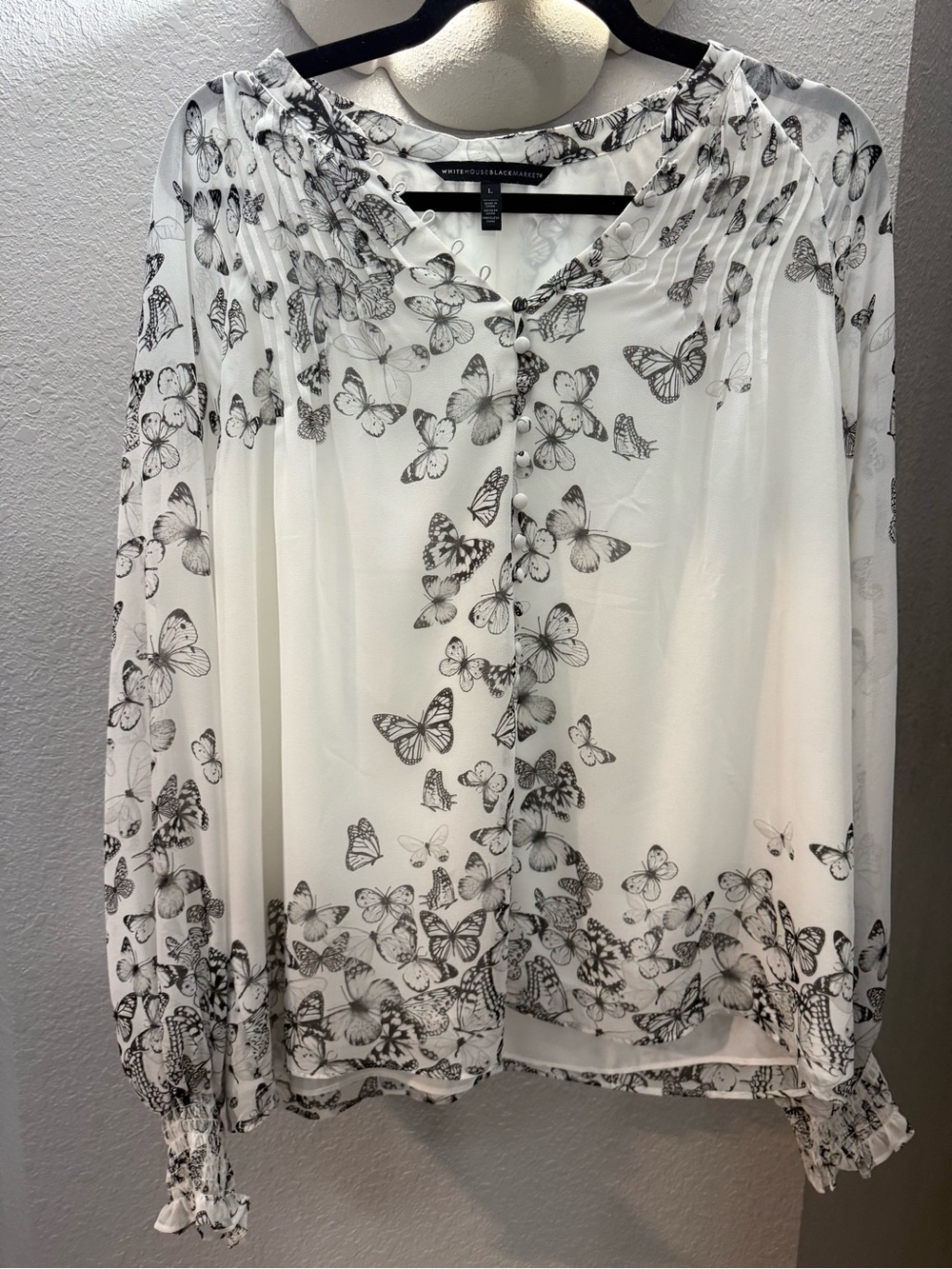 White House Black Market White Blouse with Black Butterfly Print
